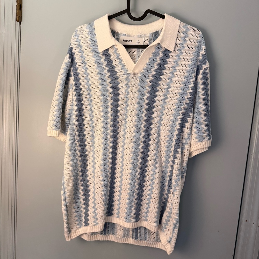 Hollister Light Blue and White Knit Polo